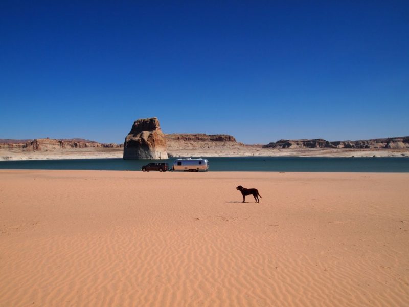 Us in the sand with Lone Rock