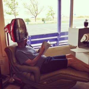 Tim getting his hair done